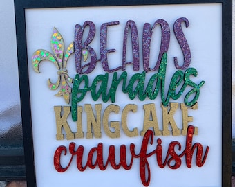 Beads Parades King Cake Crawfish: Mardi Gras Shelf, 3D Wood Decor