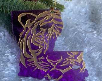 Louisiana State Ornament with Painted Tiger Engraving | Custom Team School Spirit Decor