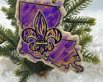 Tiger Stripe Fleur de Lis Ornament: Purple & Gold Louisiana Gift