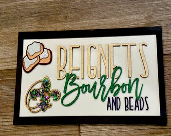 Mardi Gras Sign | 3D Wood Beignets, Bourbon, Beads Decor