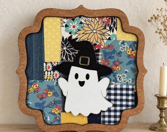 Halloween Ghost Decor with Vintage Fabric | Wood and Acrylic Framed Decoration