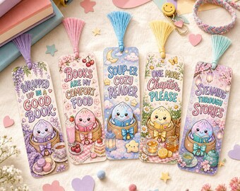 Cute Dumpling Bookmark Set of 5 | Kawaii Laminated Bookmarks | Pastel Book Lover Gift | Optional Tassels