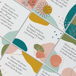 May include: A collection of square cards with inspirational quotes and abstract floral and geometric designs. The cards feature a white background with teal, peach, yellow, and green shapes and line art flowers. Text includes motivational phrases.