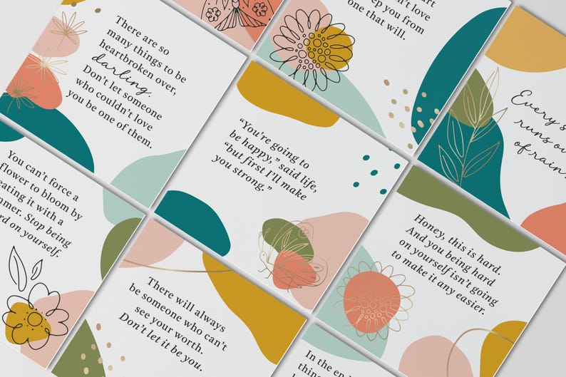 May include: A collection of square cards with inspirational quotes and abstract floral and geometric designs. The cards feature a white background with teal, peach, yellow, and green shapes and line art flowers. Text includes motivational phrases.
