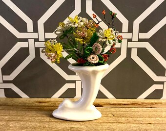 Antique French Beaded Flower Arrangement: Art Nouveau Porcelain Vase