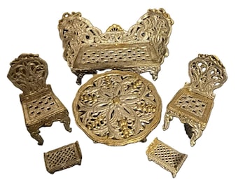 Antique German Miniature Parlor Set | Soft Metal Dollhouse Living Room Furniture (6 Pieces)