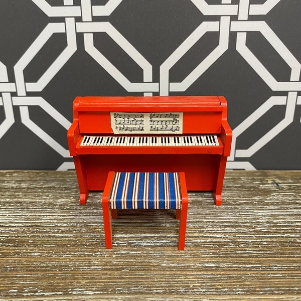 Vintage LUNDBY Bright Red Upright Piano & Stool Dollhouse Miniature Set | 1970s Dolls House Wood Living Room Music Furniture | 1:16 Scale