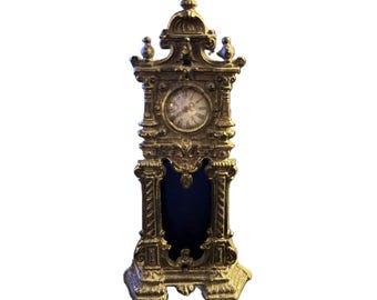 Antique German Miniature Spelter Grandfather Clock 6” Tall | 1880s–1900s Ornate Metal Original Movement
