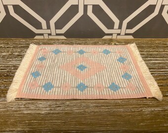 Vintage LUNDBY Bedroom Nursery Rug Dollhouse Miniature | 1980s Pink Blue Diamond Pattern