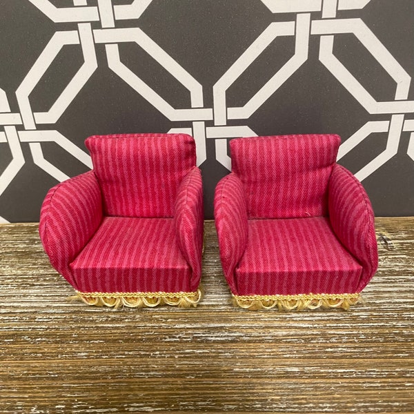 Vintage LUNDBY Pink Magenta Fabric Armchair Dollhouse Miniature Pair | 1950s Dolls House Living Room Chairs Furniture | 1:16 Scale HTF