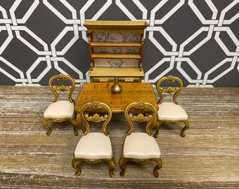 Vintage EUROPA Rare Dining Room 6pc Set | 1980s Dollhouse Miniature Plastic Wood-Look Furniture | Table Chairs Cabinet Hutch | 1:16 HTF