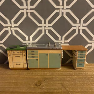 Vintage LERRO Lundby Kitchen Dollhouse Miniature Set of 3 | 1950s Dolls House Wood Furniture | Sage Green Sink Desk  Oven Stove | 1:16 Scale