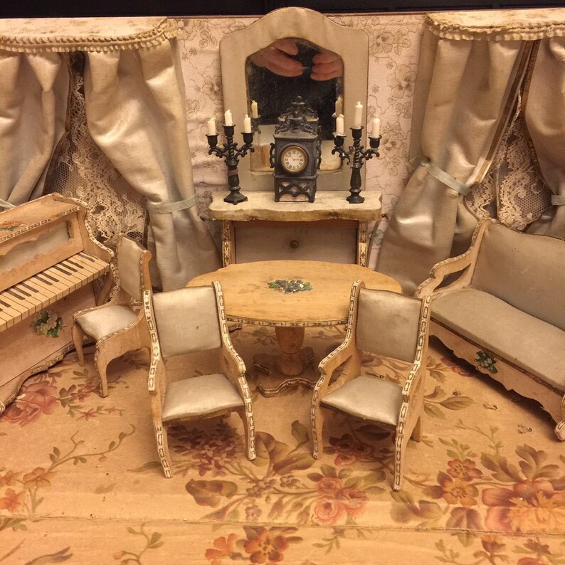 Moritz Gottschalk Antique Miniature Room Box 1800s French Market Dollhouse Original Rare Original Furnished Set Blue Silk Dresden Trim