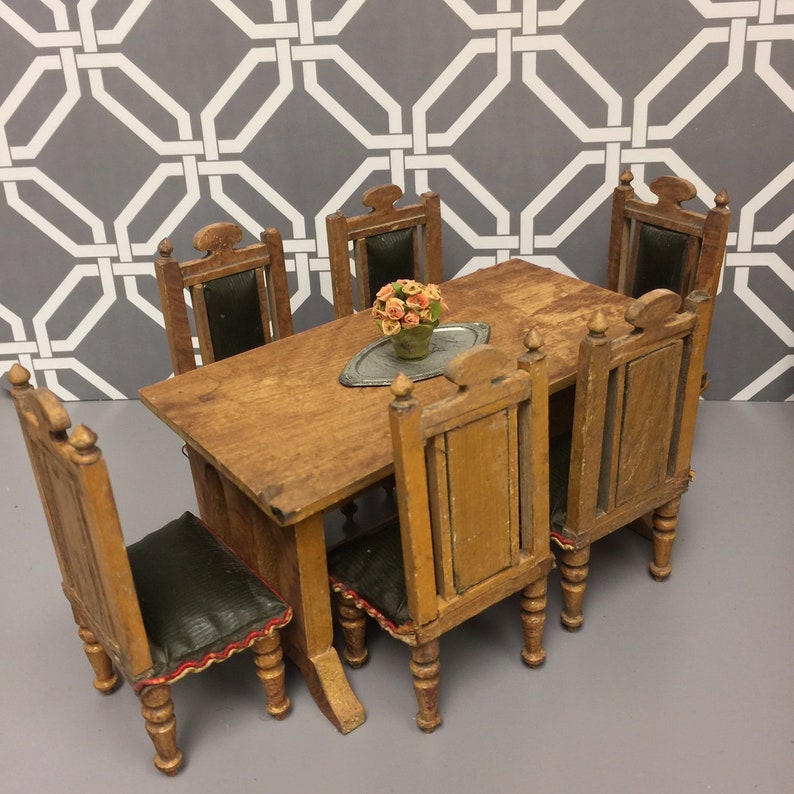 Moritz Gottschalk Antique Dining Room Suite 1870s 1880s German Vintage Dollhouse Wood Furniture Table Chairs Hutch Cabinet Shelves