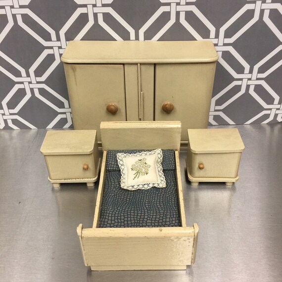 Antique German 4pc Bedroom Set 1920s Art Deco Dollhouse Miniature Wooden Vintage Furniture Bed Nightstands Wardrobe