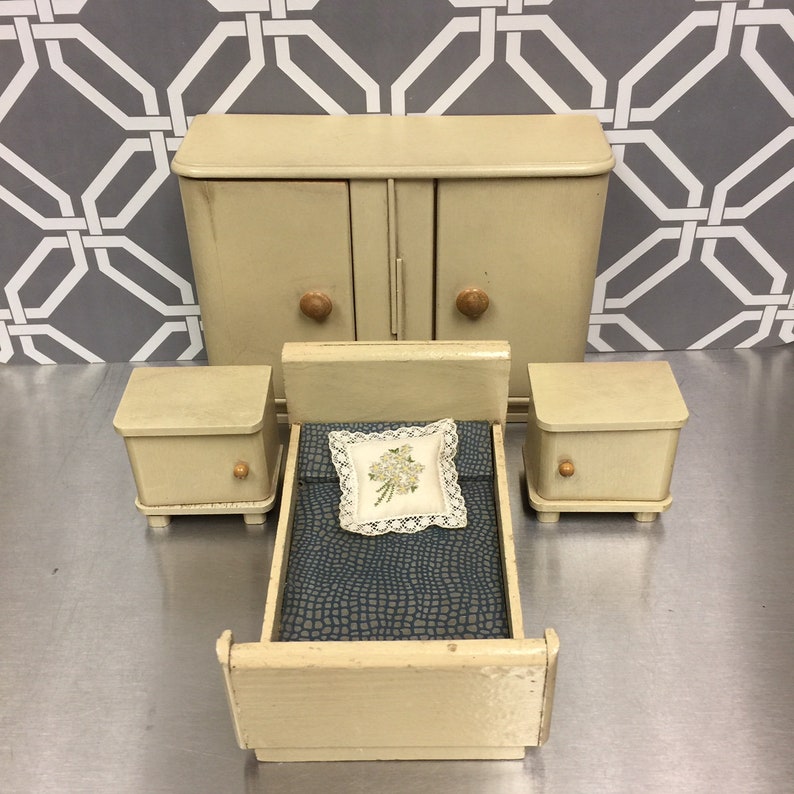 Antique German 4pc Bedroom Set 1920s Art Deco Dollhouse Miniature Wooden Vintage Furniture Bed Nightstands Wardrobe
