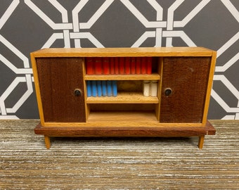 Vintage LUNDBY Bookcase Cabinet Credenza with Original Books | 1960s MCM Mid-Century Miniature Dollhouse Wood Living Room Furniture