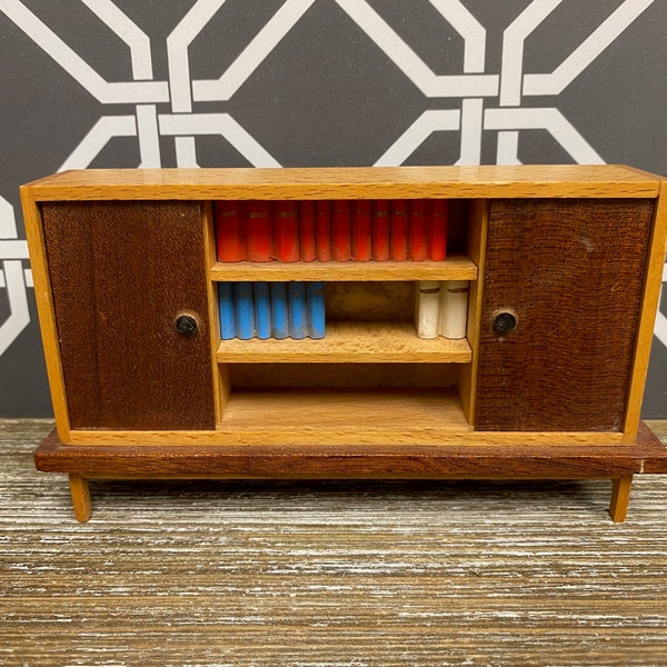 Vintage LUNDBY Bookcase Cabinet Credenza with Original Books | 1960s MCM Mid-Century Miniature Dollhouse Wood Living Room Furniture