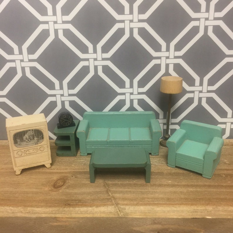 Strombecker Vintage Living Room Set 3 4 Scale 1940s Mcm Dollhouse Miniature Furniture Television Teal Sofa Chair Coffee Table Lamp