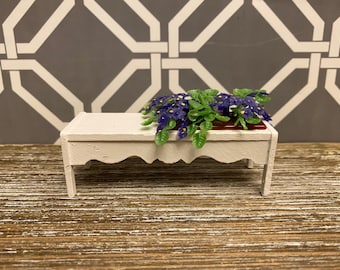 Vintage LUNDBY White Bench w Plants Flowers Dollhouse Miniature | 1980s Wood Mini Planter
