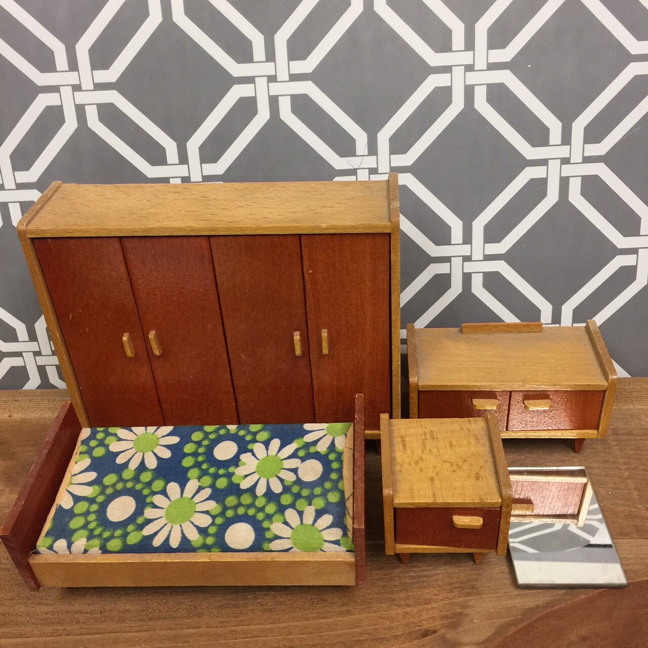 Vintage German Wood Mcm Bedroom Set Of 4 1950s 1960s Dollhouse Miniature Furniture Twin Bed Wardrobe Vanity Mid Century Modern 1 12