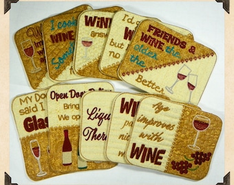 In The Hoop (ITH) Wine Coasters Project, 10 Machine Embroidery Designs