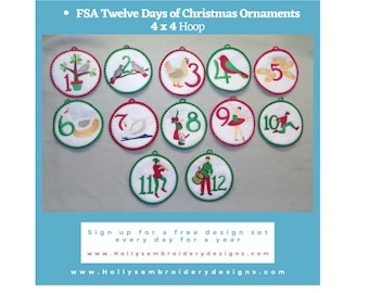 FSA Twelve Days of Christmas Ornaments - Machine Embroidery Design Set, 4x4 Hoop, Instant Download | 10182