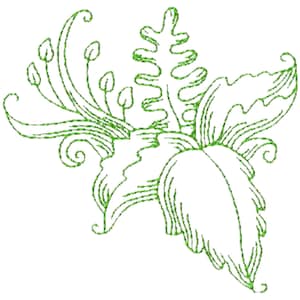 May include: A green machine embroidery design featuring a cluster of botanical elements including a central fern frond, various broad leaves, and slender stems topped with small oval shapes, all rendered in a continuous line stitch pattern.