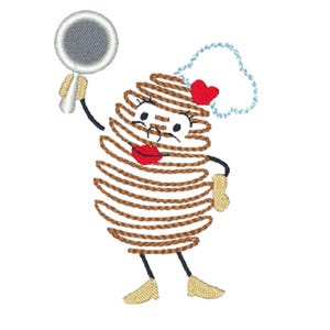 May include: A cartoon illustration of a brown spiral-shaped character wearing a chef's hat and holding a frying pan. The character has a red heart on its head and a red mouth.