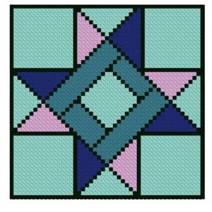 May include: A quilt block with a star design in shades of blue, pink, and teal. The star is made up of triangles and squares.
