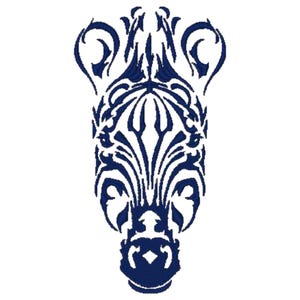 Puede incluir: Un diseño estilizado de cabeza de cebra tribal azul. La cabeza de cebra está compuesta por líneas y curvas intrincadas.