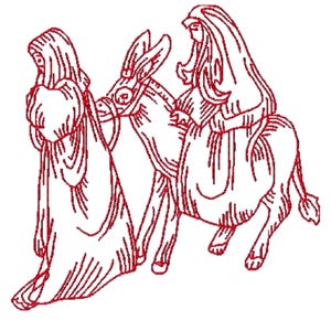 Op de afbeelding: Een rood lijngeborduurd ontwerp met een figuur in een gewaad met capuchon die naast een ezel loopt, die een tweede figuur draagt die ook een gewaad met capuchon draagt. De illustratie gebruikt eenvoudige contouren.