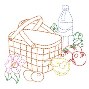 Può includere: Un disegno da ricamo che raffigura un cestino da picnic marrone, una bottiglia d'acqua blu, pomodori rossi, una pera gialla, due piccoli frutti rotondi e un fiore rosa con foglie verdi, tutto in uno stile a contorno ricamato.