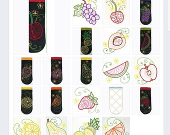 Pot Handle Holders "In-The-Hoop" Decorated with 10 Fruit Designs