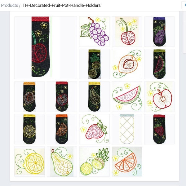 Pot Handle Holders "In-The-Hoop" Decorated with 10 Fruit Designs