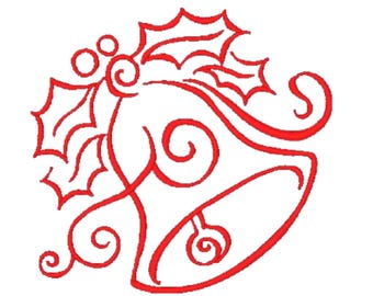 Op de afbeelding: Een rood lijnkunst borduurontwerp met een bel versierd met hulstbladeren en bessen. De bel heeft een centrale klepel en decoratieve krullen, uitgevoerd in een doorlopende rode draadstijl op een effen witte achtergrond.