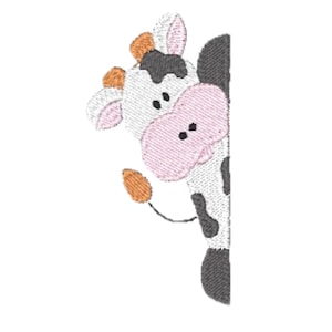 May include: A cartoon cow with black and white spots peeks around a corner. The cow has a pink nose and brown ears.