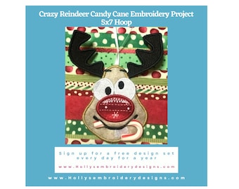 Crazy Reindeer Candy Cane Machine Embroidery Design: 5x7 Hoop (Instant Download)