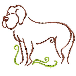 May include: A brown line drawing of a dog with its tongue sticking out. The dog is standing on a green, leafy background.