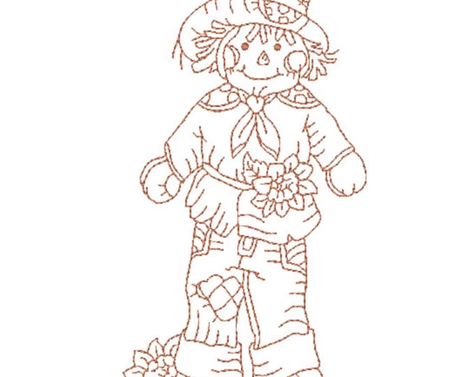 Redwork Autumn Scarecrows  (20 Machine Embroidery Designs). 4X4 and 5X7 Hoops