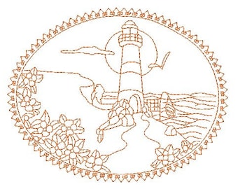 Lighthouse Landscape Redwork 5x7   Machine Embroidery Designs