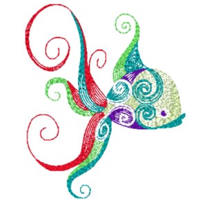 May include: A colorful stylized fish with swirling lines and patterns in shades of red, green, blue, purple, and white.