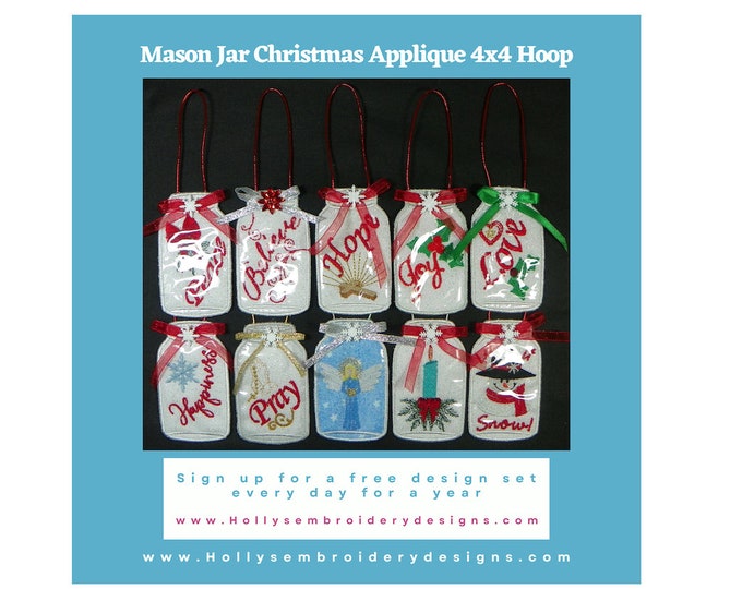Mason Jar Christmas FSA Applique - Festive Machine Embroidery Design for 4x4 Hoop by Holly Pike