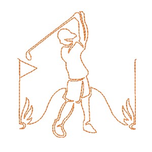May include: Line art illustration of a golfer swinging a club with a flag in the background.