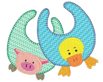 May include: An embroidery design featuring a light green pig with pink ears and snout, and a blue duck with a yellow head and orange beak. Both animals are depicted in a stylized, rounded shape with visible stitching outlines.