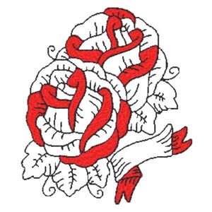 May include: A red and white rose with a red ribbon tied around it. The rose is drawn in a stylized way, with the petals overlapping and the ribbon flowing around the rose.