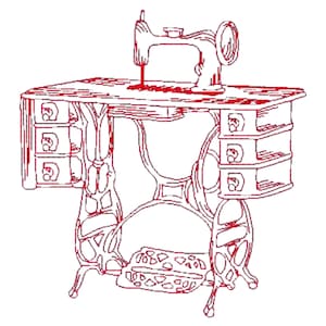 May include: A red line drawing of a vintage sewing machine with a table and three drawers on each side. The sewing machine has a foot pedal and a needle.