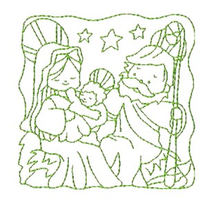 Op de afbeelding: Een groen machinaal borduurontwerp met een lijntekening van een kerststalscène. Het ontwerp toont een figuur die een baby vasthoudt, een andere figuur met een baard en een staf, en drie sterren erboven, alles omsloten door een golvende rand.