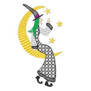 Peut inclure: Motif brodé d'une sorcière aux cheveux verts et chapeau violet, assise sur un croissant de lune. La sorcière porte une robe à motifs noirs et blancs, avec trois étoiles jaunes. Thème d'Halloween.