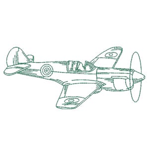 May include: A line drawing of a green vintage airplane with a propeller. The airplane has a round window and two round markings on the wings.